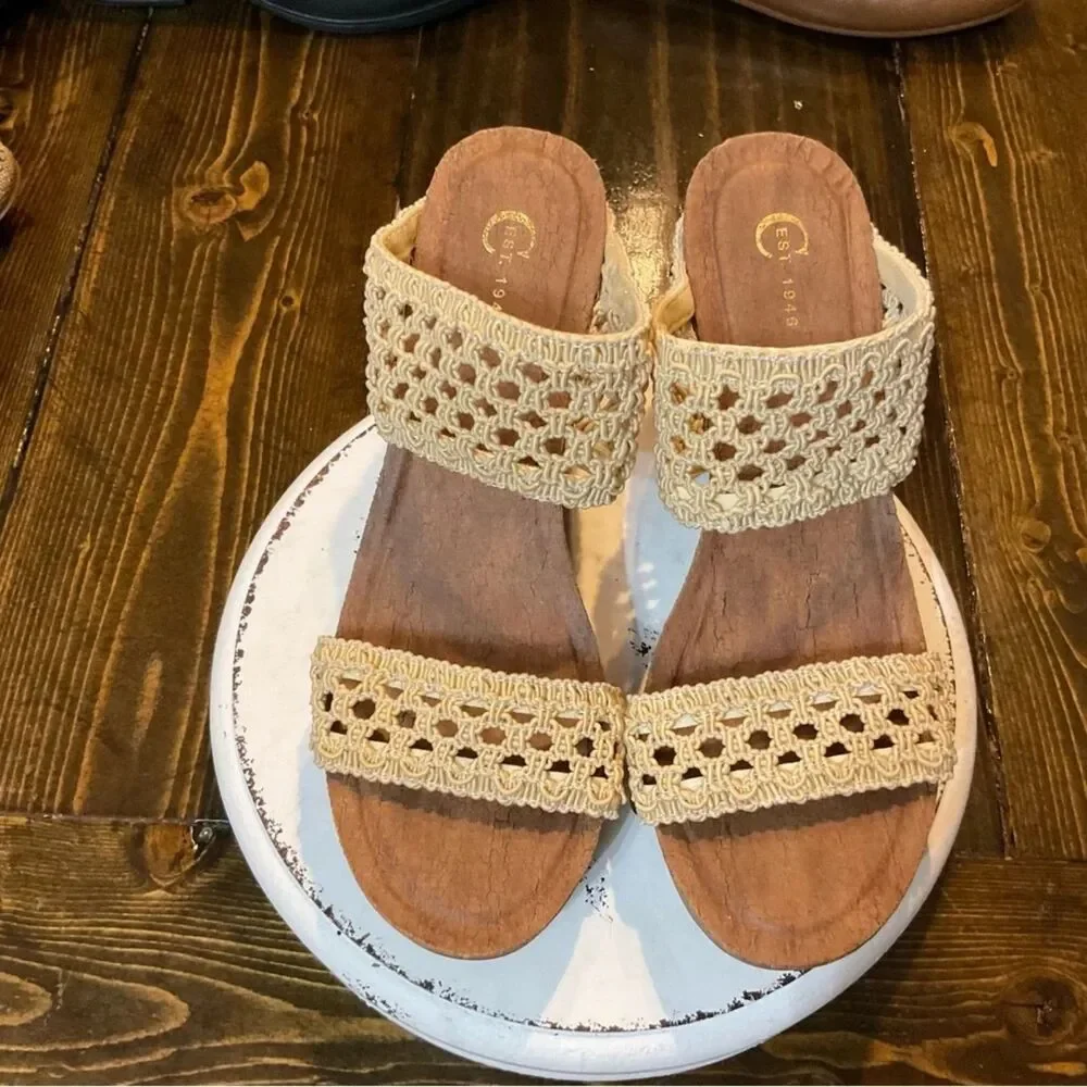 C Est 1946 8M Crochet Wedge Sandals Cream Brown Boho Macrame Studded